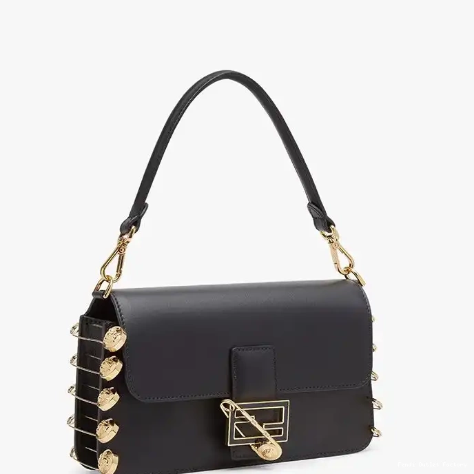 Vintage HOT Black In Brooches Medium Baguette Leather Bag with Fendi Pin Fendace Calf 0327